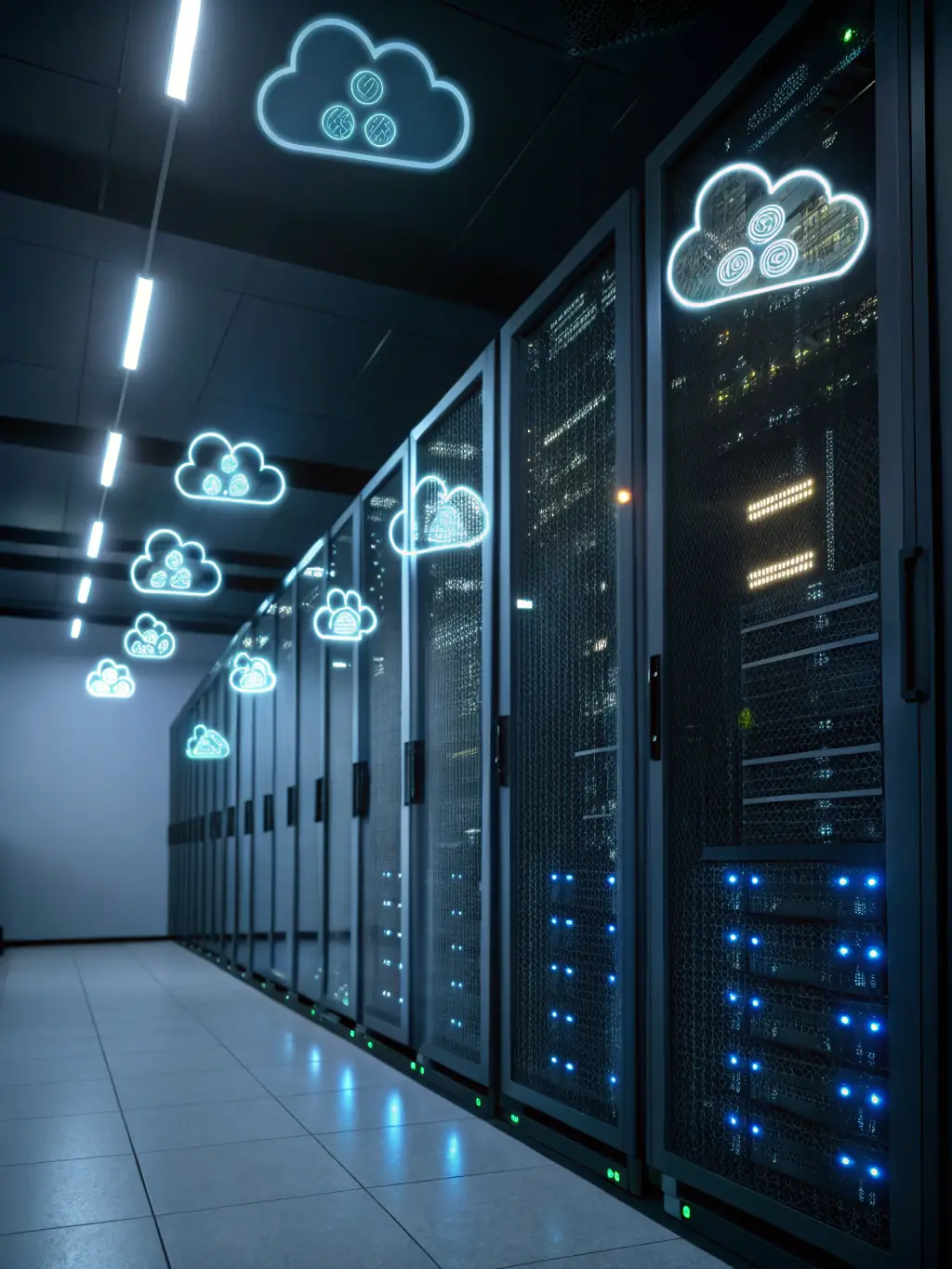 A server room filled with outdated hardware being replaced by a sleek, modern cloud interface, symbolizing the transition from legacy systems to cloud infrastructure for C3 Solutions' cloud migration service.