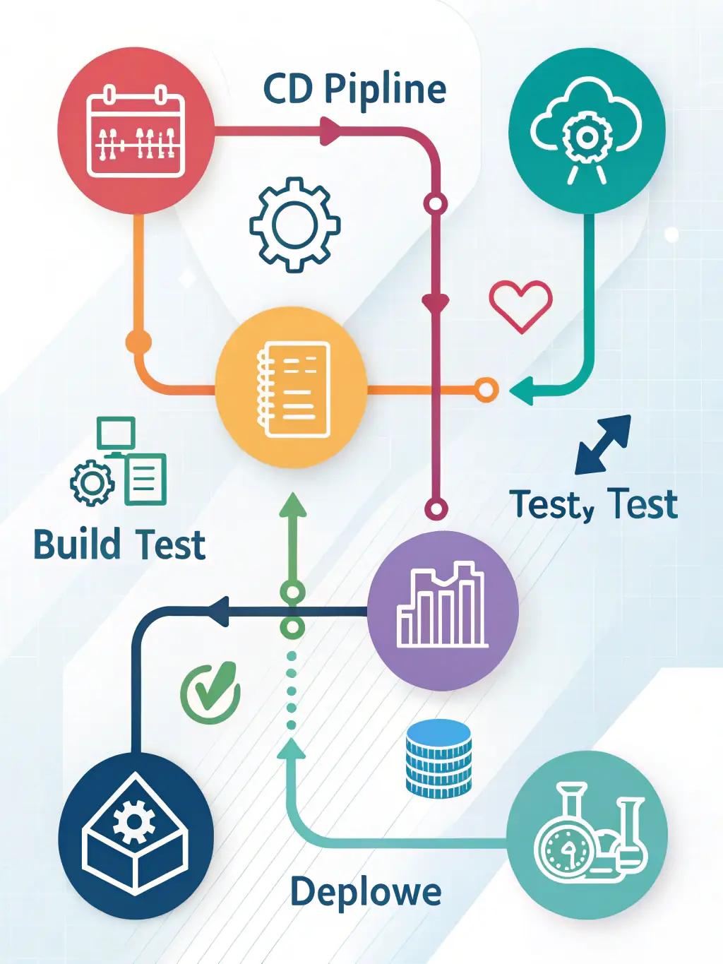 A continuous integration/continuous deployment (CI/CD) pipeline visualization, showing code moving through automated testing and deployment stages, representing C3 Solutions' DevOps automation capabilities.