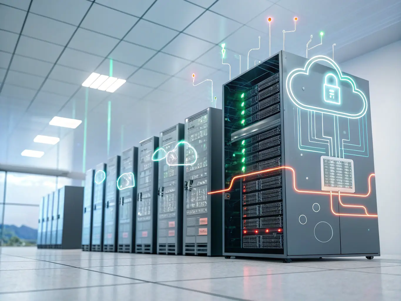 An image depicting a secure digital lock overlaying a scalable cloud infrastructure diagram, illustrating the security and scalability of cloud infrastructure.